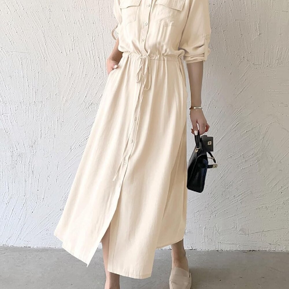 Women Midi Dress Long Sleeve Button Down Casual Tied Waist A-line - Picture 4 of 6